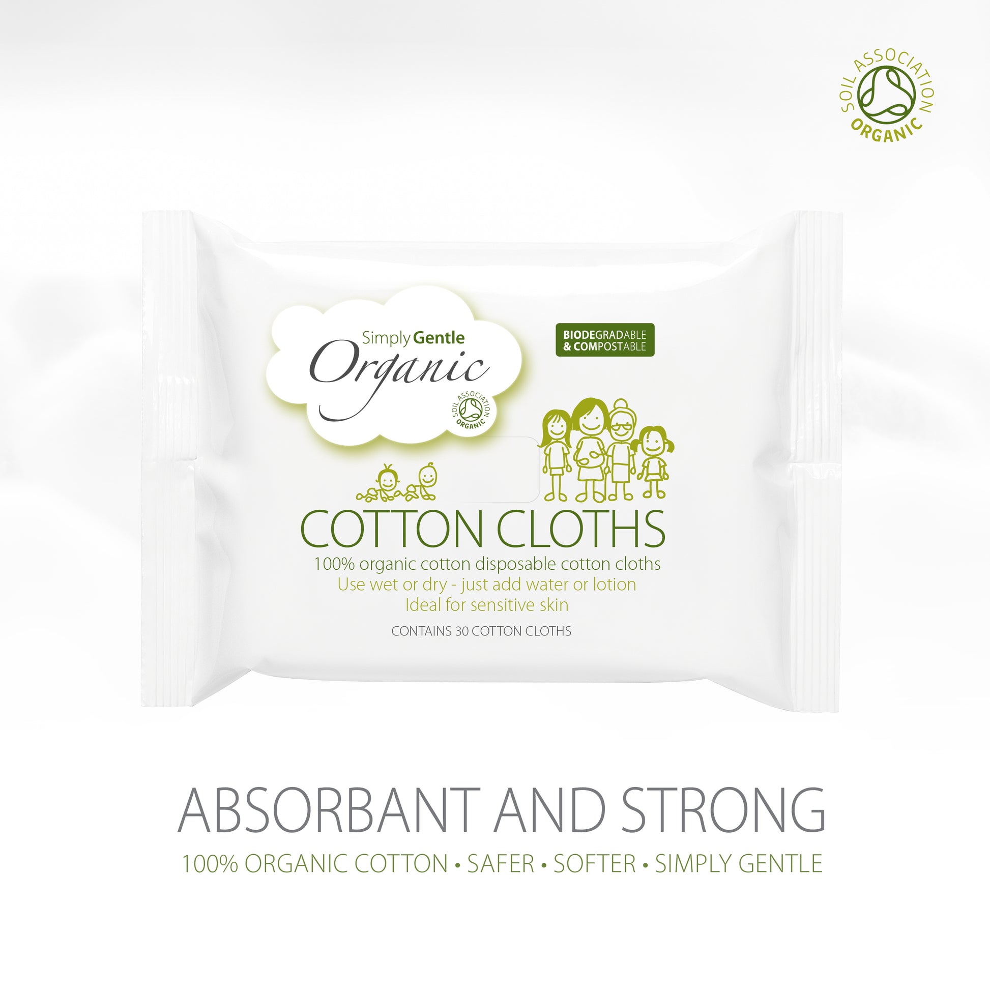 Disposable Organic Cotton Cloths, 100% organic cotton and biodegradable. The absorbant and strong clothes can be used dry or wet. Ideal for sensitive skin, not impregnated - use with your regular cleanser, skin tonic or face wash.1 00% organic cotton wool. Soil Association approved.