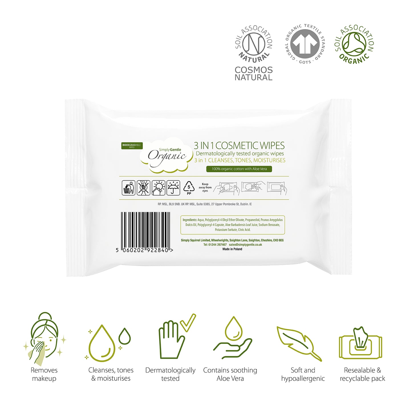 Simply Gentle Organic 3 in 1 Cosmetic Wipes