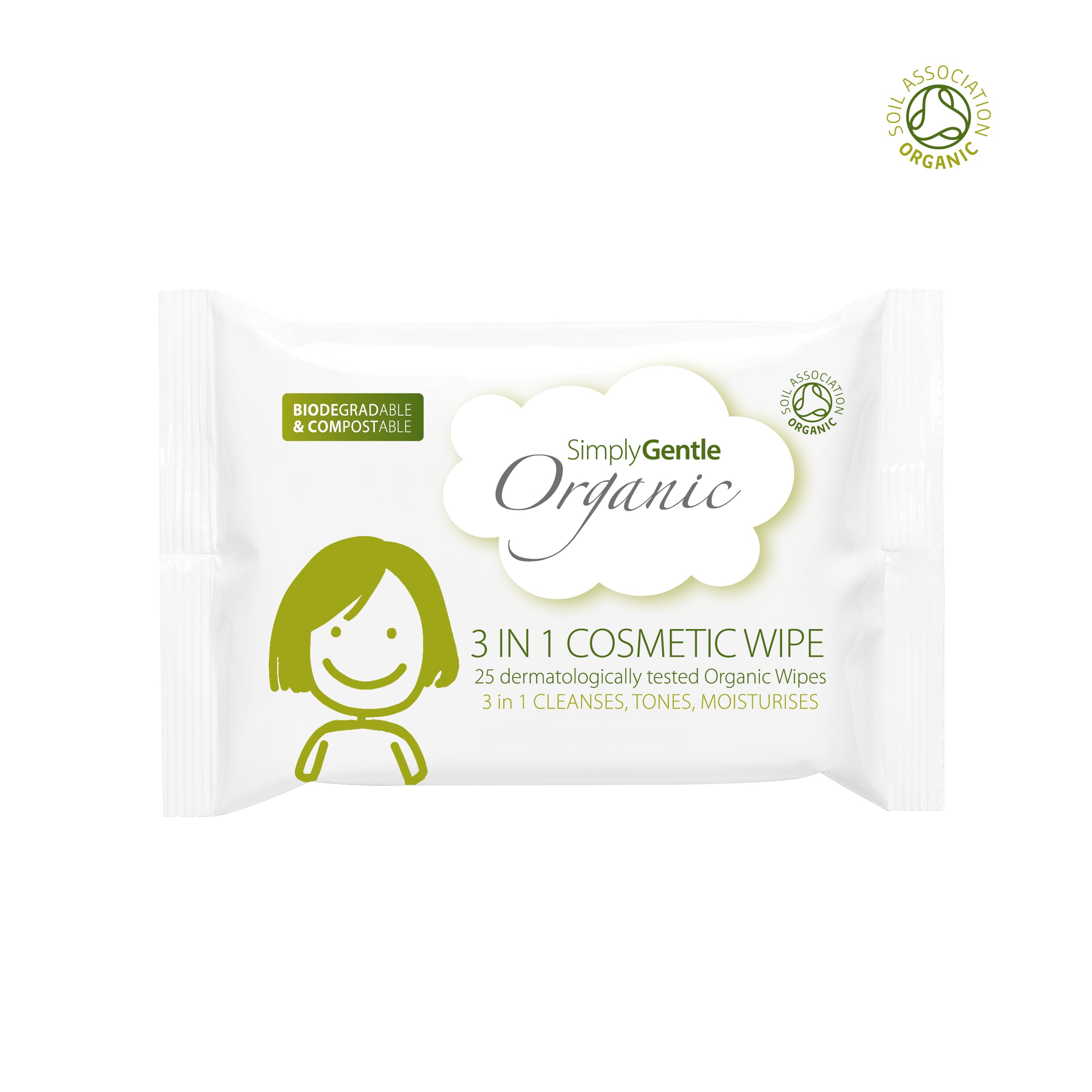 Simply Gentle Organic 3 in 1 Cosmetic Wipe made with a gentle organic lotion containing aloe vera, lavender oil, and a range of flower oils, our 3 in 1 Cosmetic Wipes cleanse, tone, and moisturise. Soft to use, and with a beautiful, natural fragrance, they are dermatologically tested. 100% certified organic cotton. Soil Association approved.
