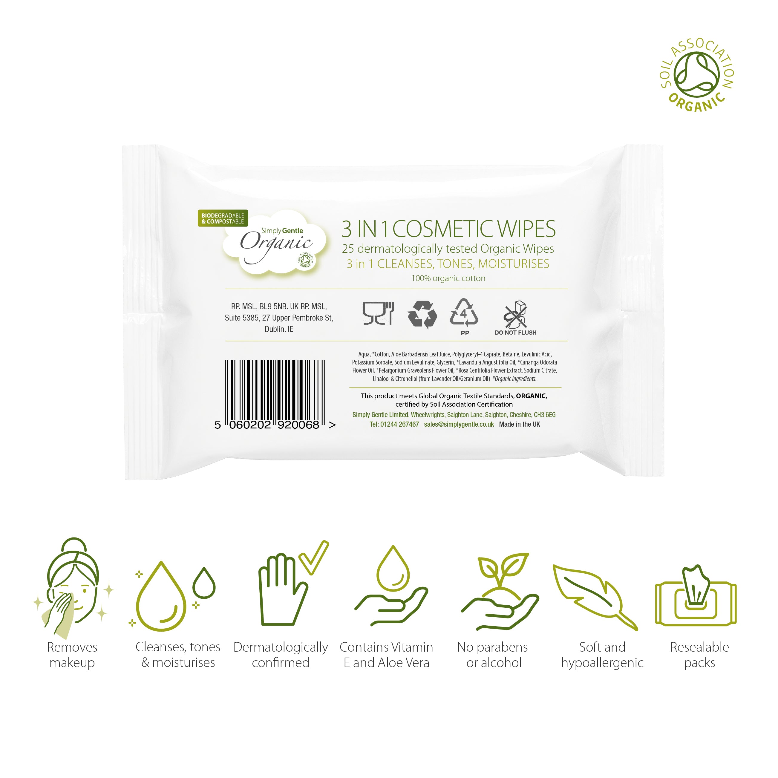 Simply Gentle Organic 3 in 1 Cosmetic Wipes