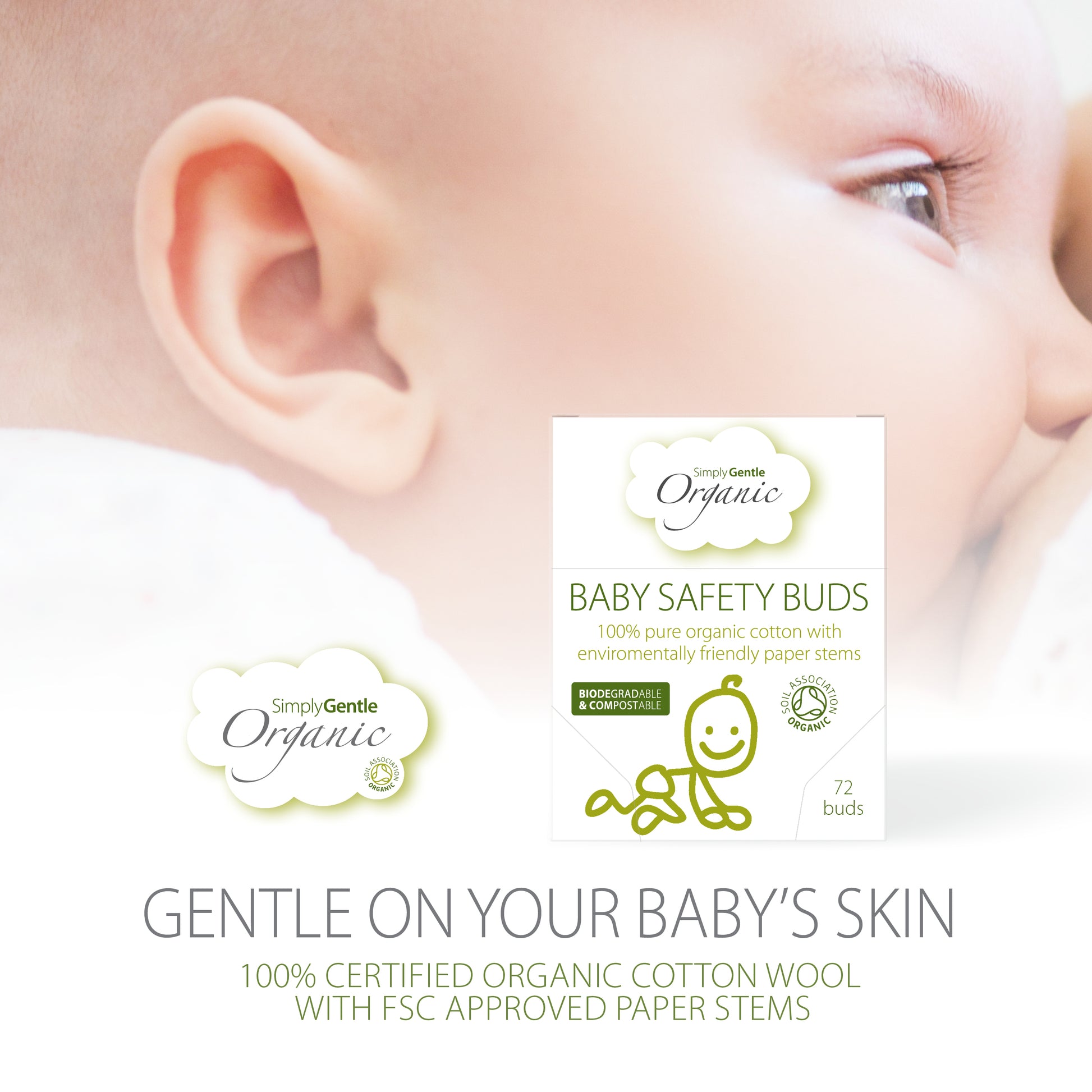 Simply Gentle Baby Safety Buds are made with 100% cotton tips making them soft and gentle on baby’s delicate skin. Specially designed with the extra large safety tips making them perfect for cleaning delicate areas, around your baby’s eyes, outer ears and navel. Also ideal for make-up, beauty and skincare needs. Composition: 100% certified organic cotton wool with FSC approved paper stems.