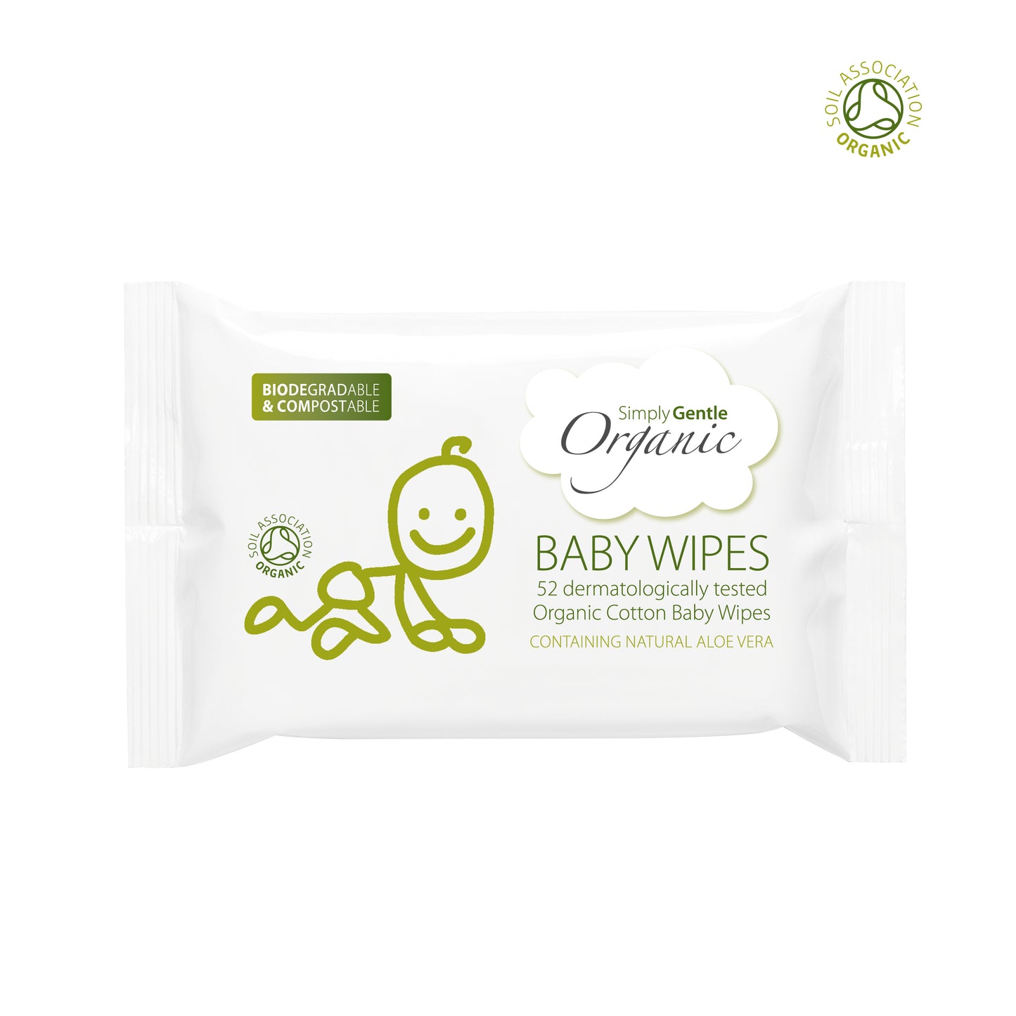 Our Simply Gentle Baby Wipes are made from our soft and gentle cotton, impregnated with an organic lotion, making our wipe truly organic. The lotion is made with a blend of Aloe Vera and Green Tea, giving it a subtle fragrance. 100% certified organic cotton. Soil Association approved.