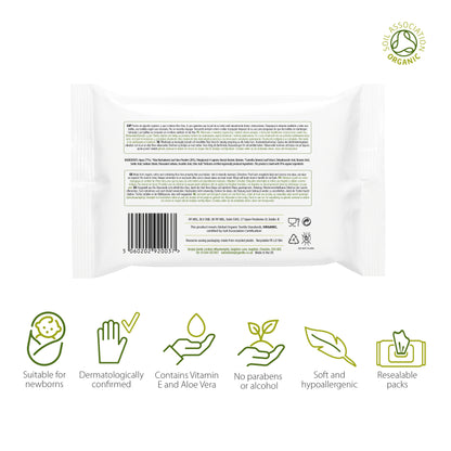 Our Simply Gentle Baby Wipes are made from our soft and gentle cotton, impregnated with an organic lotion, making our wipe truly organic. The lotion is made with a blend of Aloe Vera and Green Tea, giving it a subtle fragrance. 100% certified organic cotton. Soil Association approved.