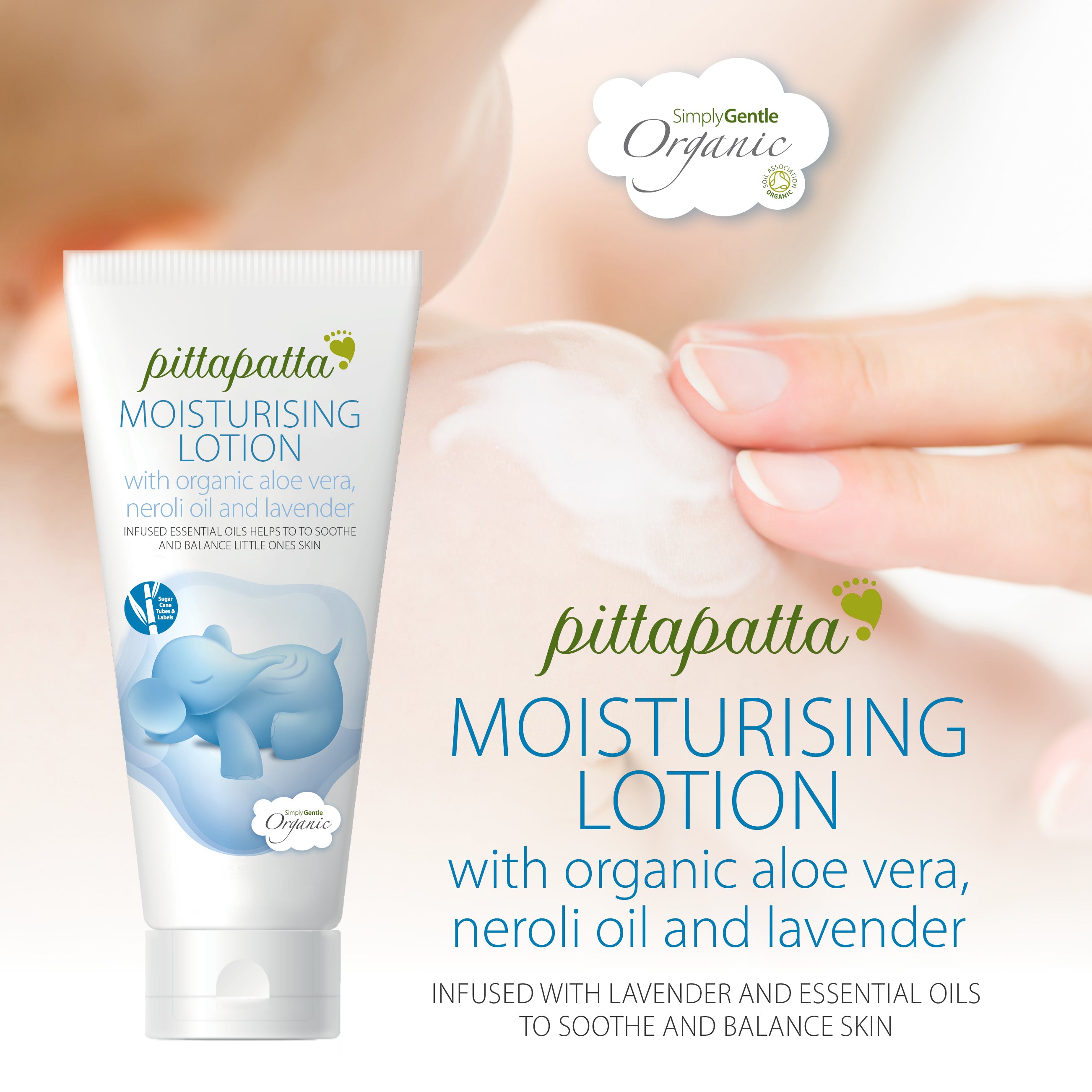 Pittapatta Moisturising Lotion with organic aloe vera, neroli oil and lavender is made with a balanced blend of organic theoboma cacao seed butter to carefully moisturise delicate skin. It is infused with organic lavender and aloe vera extract to soothe and balance little ones who are irritable or restless.