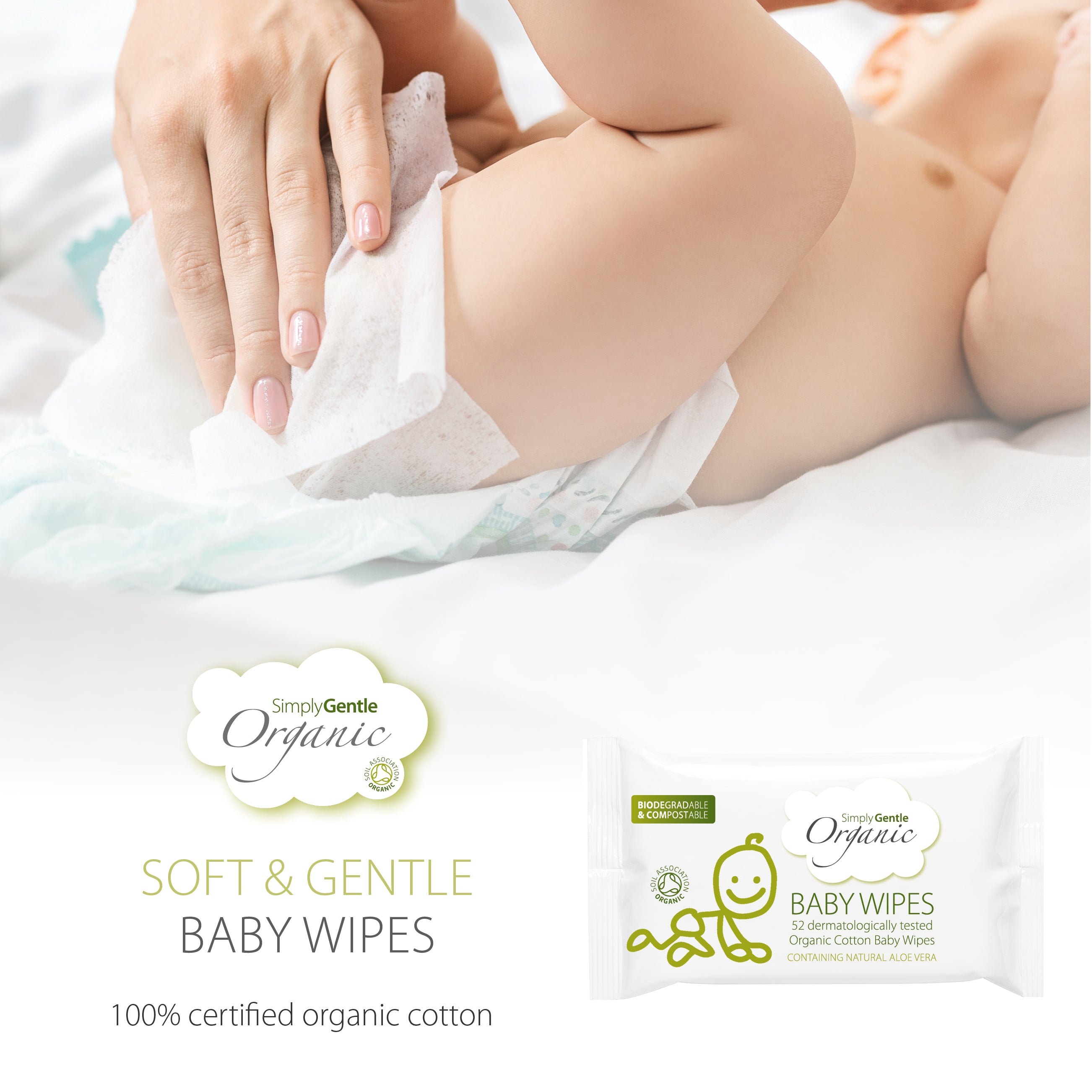 Our Organic Baby Wipes are made from our soft and gentle cotton, impregnated with an organic lotion, making our wipe truly organic. The lotion is made with a blend of Aloe Vera and Green Tea, giving it a subtle fragrance. 100% certified organic cotton. Soil Association approved.