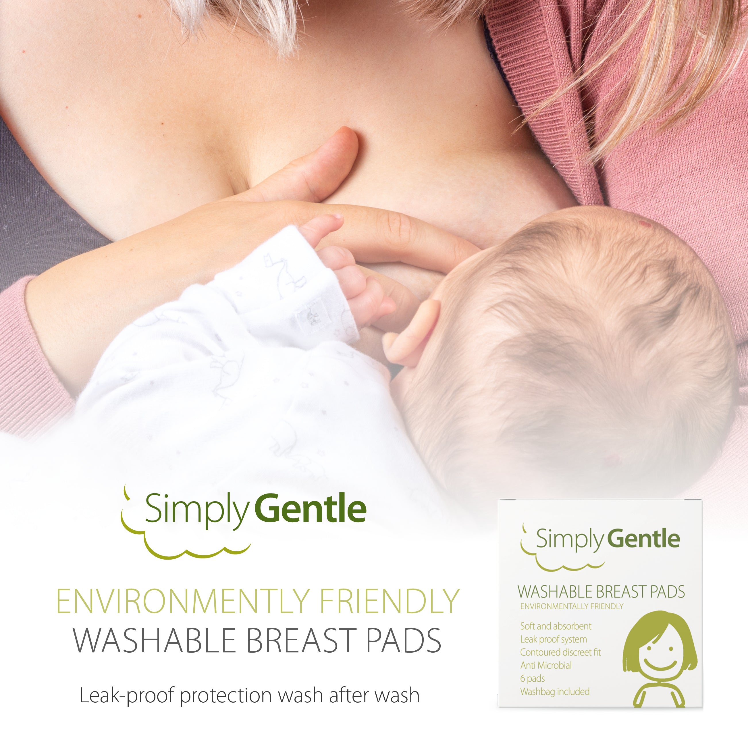 Simply Gentle Washable Breast Pads have been especially designed for use in late pregnancy, after the birth of your baby and whilst breastfeeding to provide security and protection from excess breast milk. The pads soften with each wash. Leak proof system, with a contoured discreet fit and anti Microbial. Environmentally friendly.