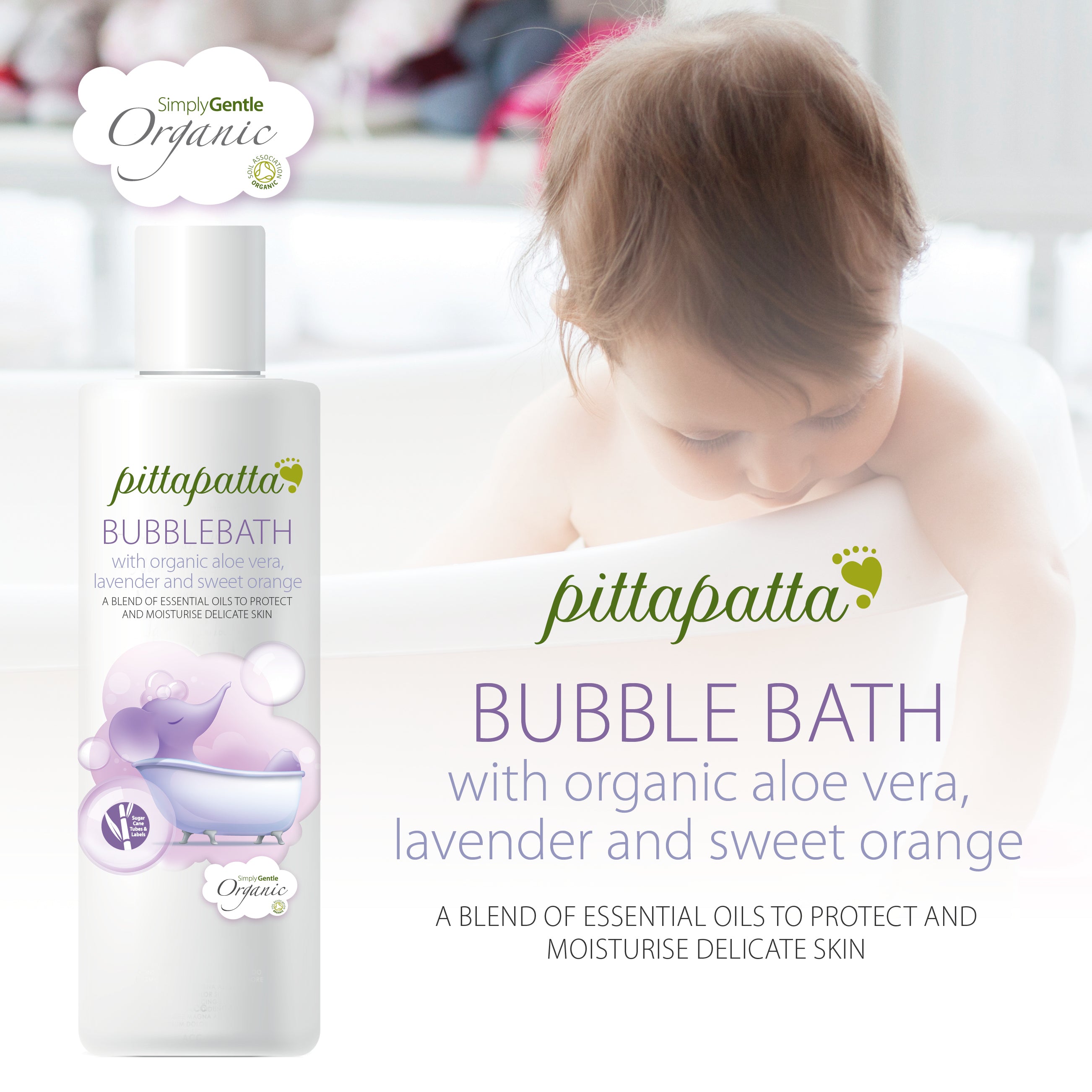 Pittapatta Organic Bubble Bath With organic aloe vera, lavender and sweet orange.  Our Bubble Bath is specially formulated with a blend of essential oils to protect and moisturise during daily baths, together with organic lavender oil to soothe little ones during bath time. Packed in recyclable bio-plastic.