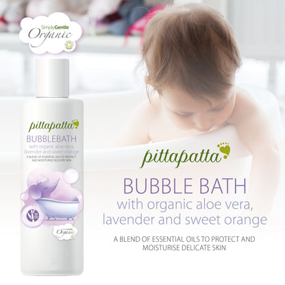 Pittapatta Organic Bubble Bath With organic aloe vera, lavender and sweet orange.  Our Bubble Bath is specially formulated with a blend of essential oils to protect and moisturise during daily baths, together with organic lavender oil to soothe little ones during bath time. Packed in recyclable bio-plastic.