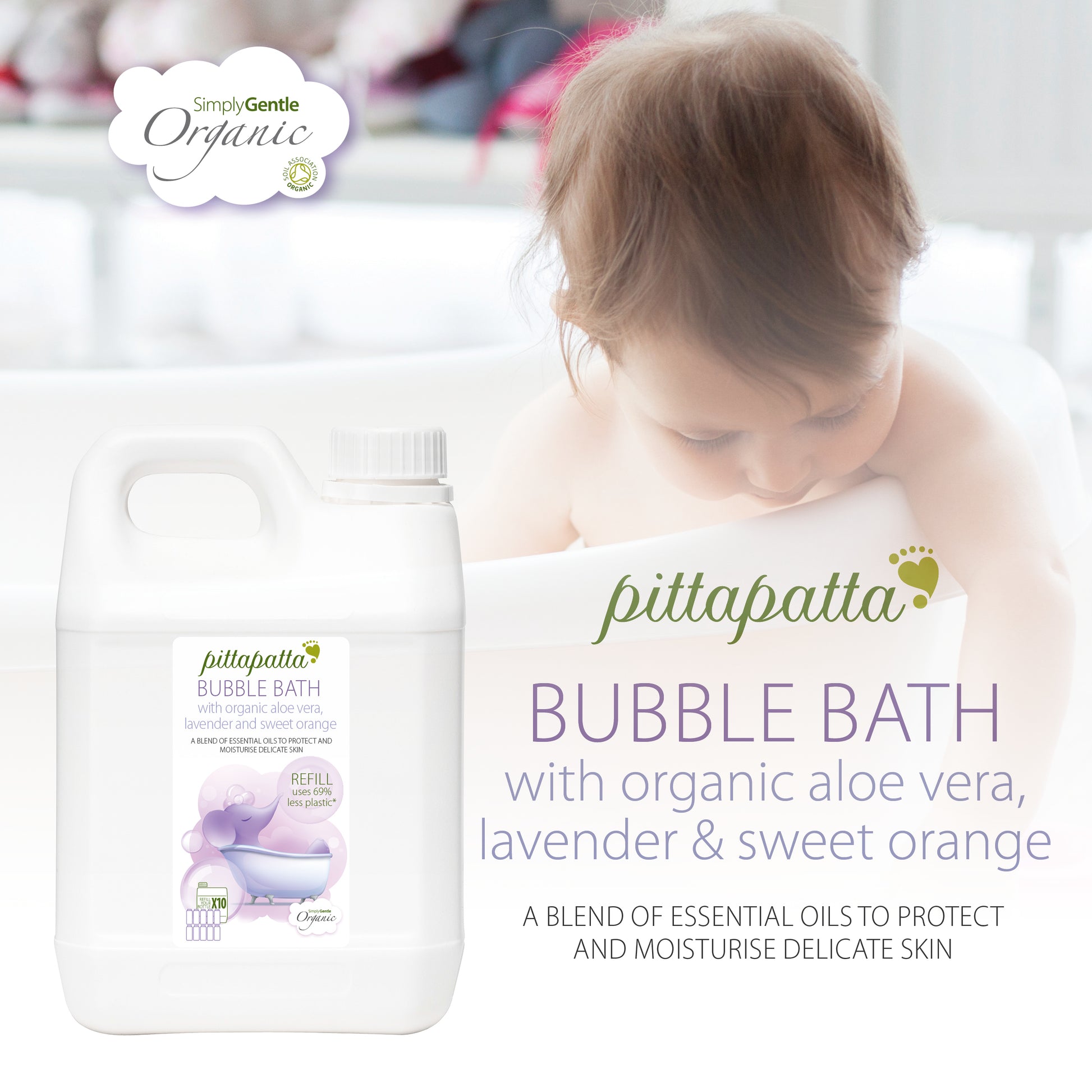 Pittapatta Bubble Bath is made with organic aloe vera, lavender and sweet orange. A blend of essential oils to protect and moisturise delicate skin.