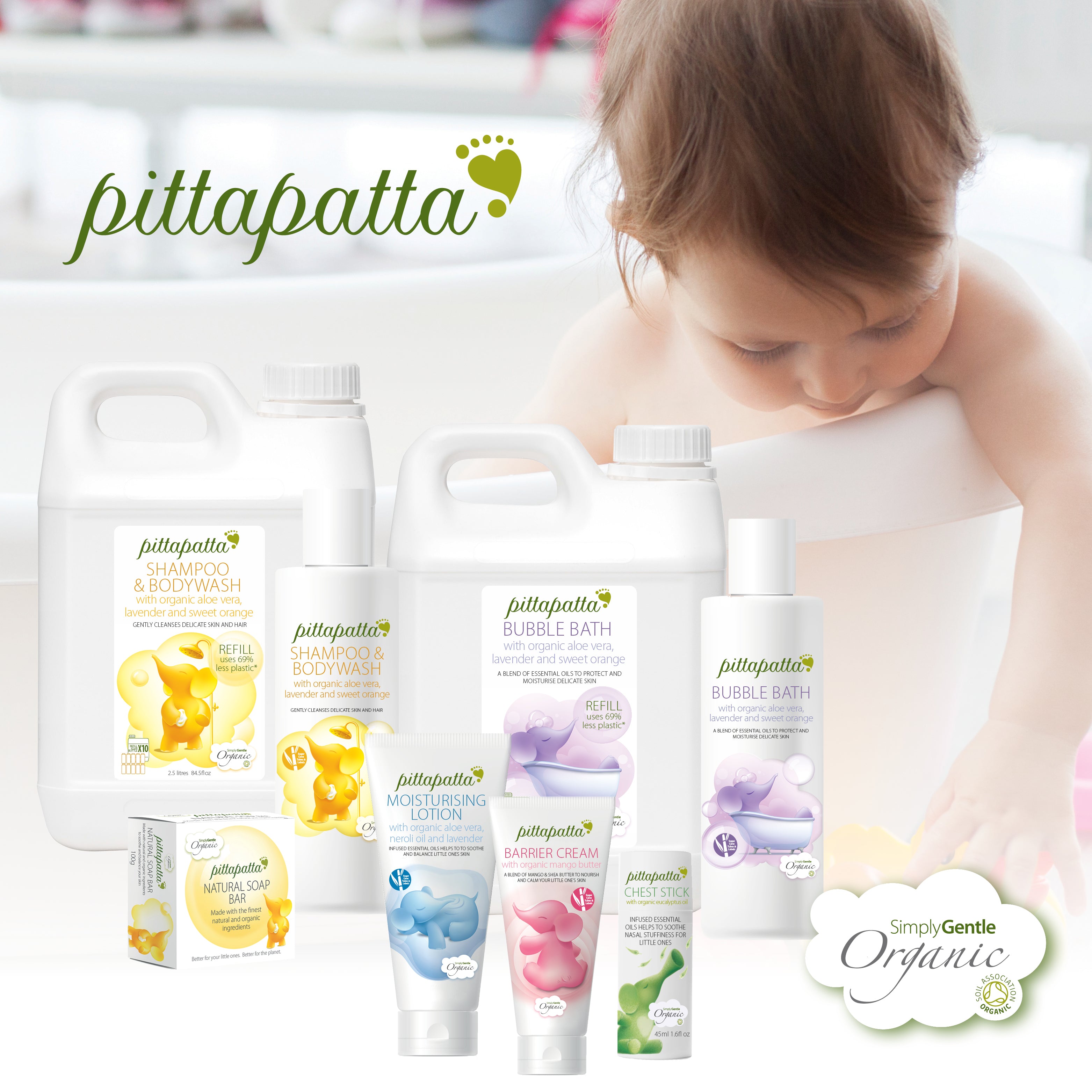 Simply Gentle Organic and Pittapatta bodycare ranges, the whole range is made from natural and organic ingredients and infused with organic essential oils and flower essences designed to be gentle and a joy to use. We know how important healthcare is to you and your family, and all our existing and new products have been developed to combine natural and organic ingredients with practical family care, which is why all our products are only made with the finest and softest organic materials.