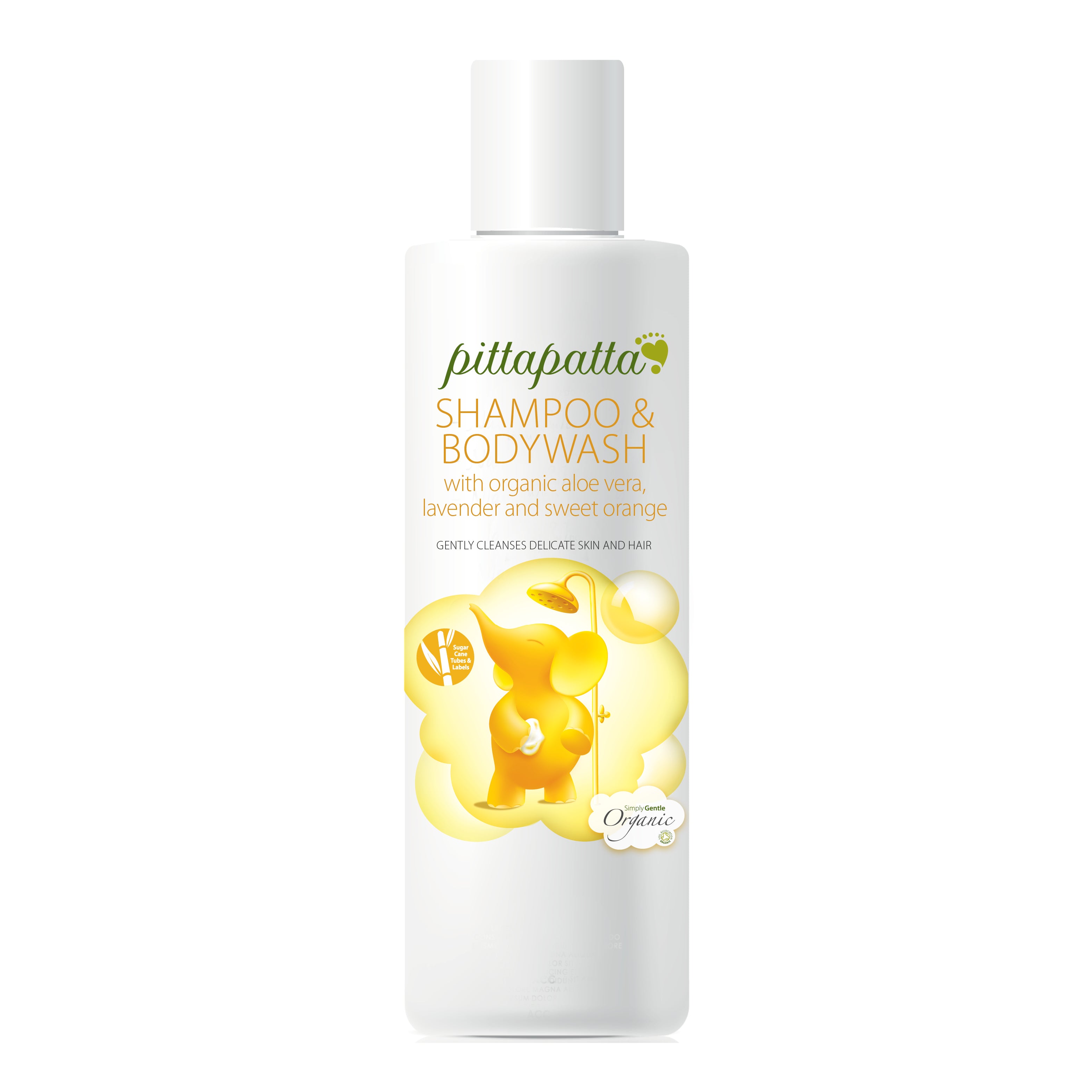 Pittapatta Shampoo & Bodywash with organic aloe vera, lavender & sweet orange. Gently cleanses delicate skin and hair 