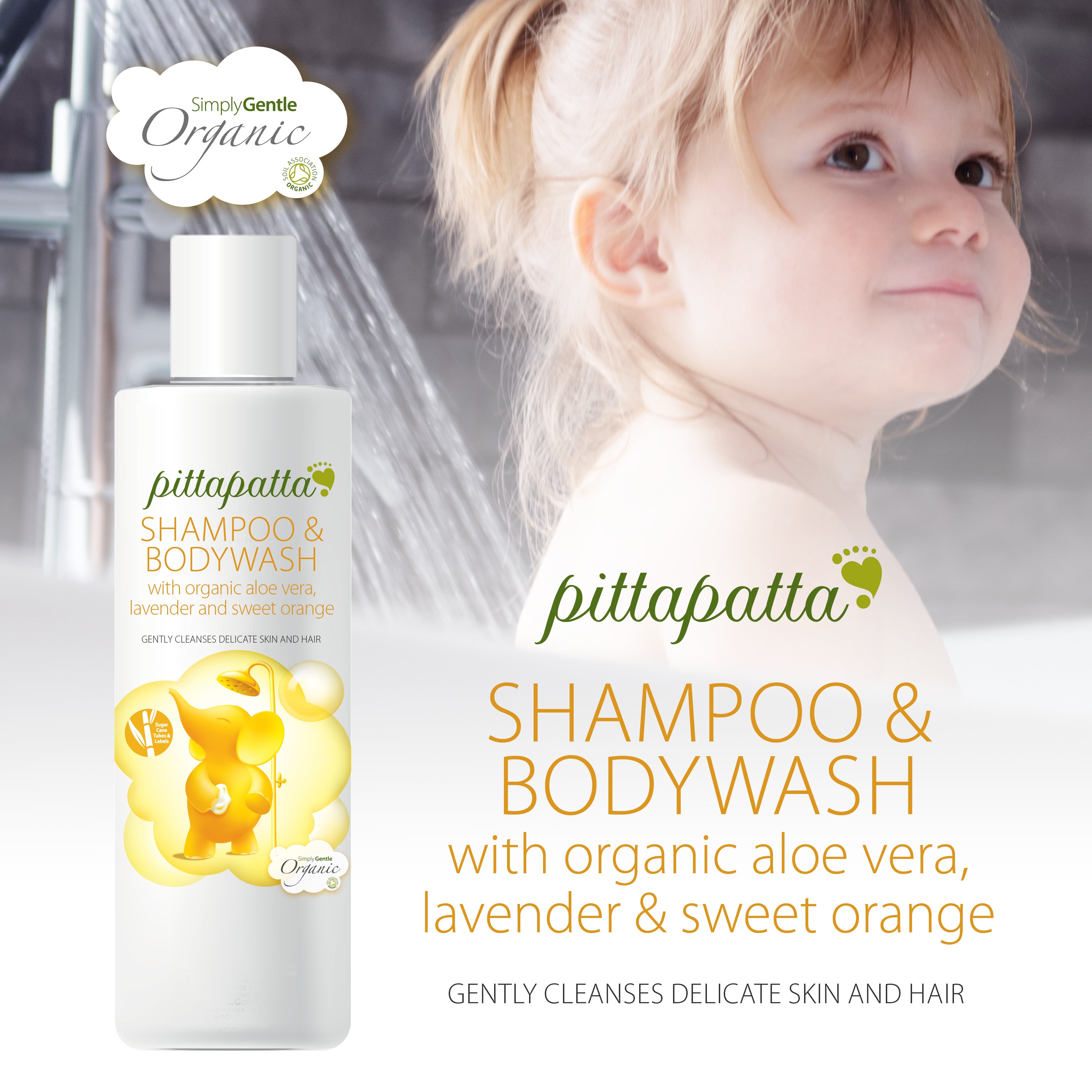 Pittapatta Shampoo & Bodywash with organic aloe vera, lavender & sweet orange. Gently cleanses delicate skin and hair 