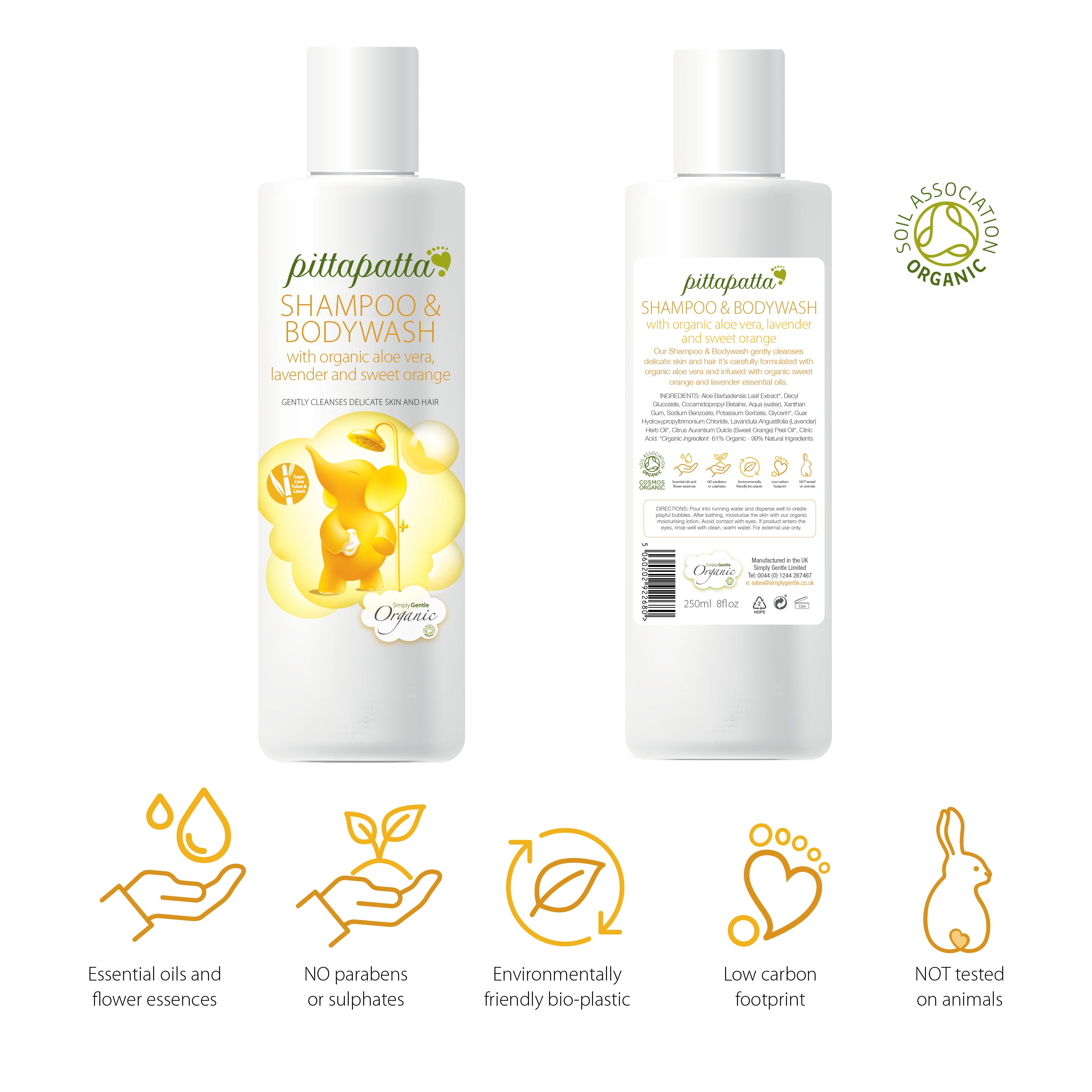 Pittapatta Shampoo & Bodywash with organic aloe vera, lavender & sweet orange, gently cleanses delicate skin and hair. From the Simply Gentle Organic bodycare range 