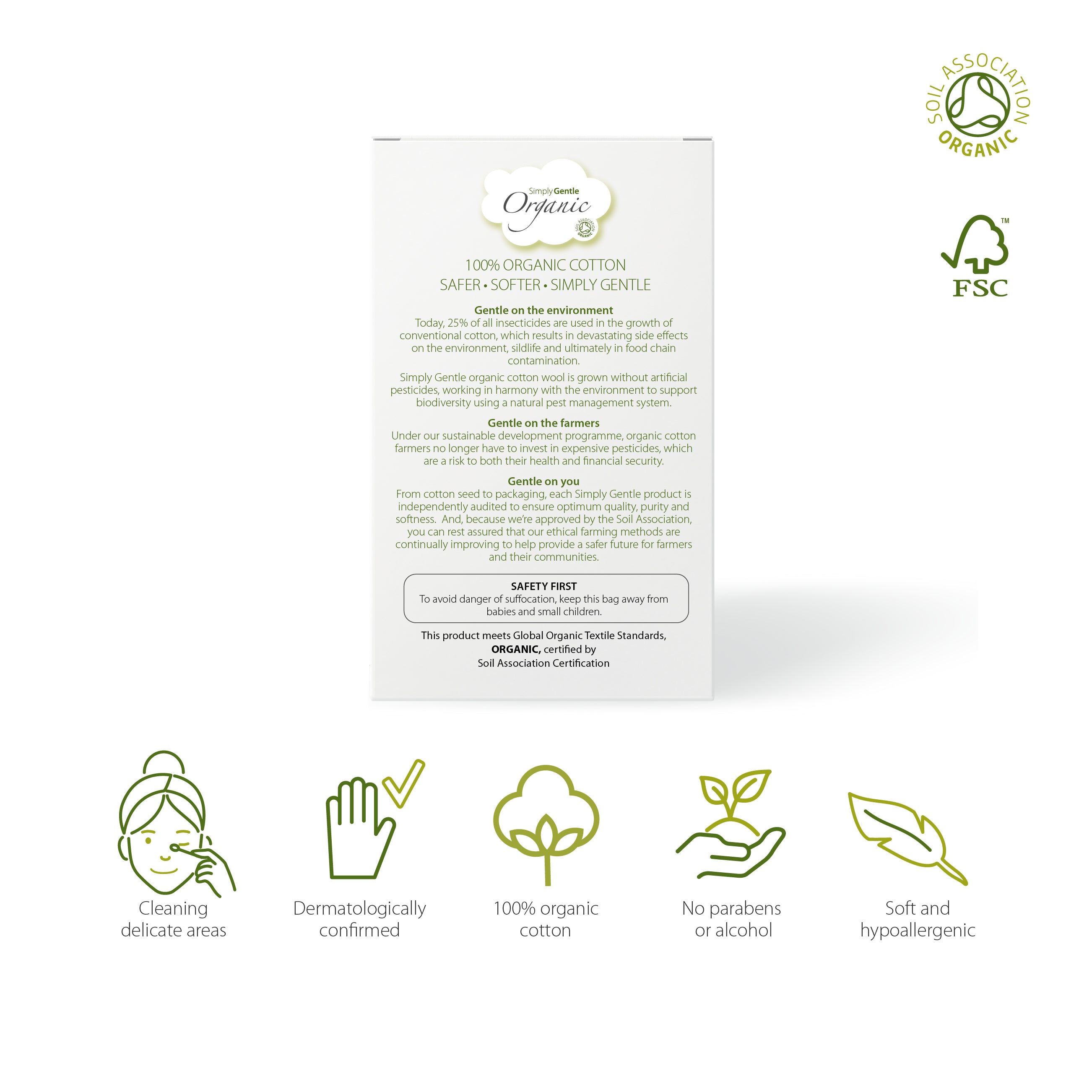 Simply Gentle Organic Paper Stem Buds have 100% organic cotton wool tips and FSC approved paper stems. Ideal for cleaning delicate areas around eyes and outer ear a versatile item of hygiene around the home. They are packed in a biodegradable box with an easy to use dispenser. 100% certified organic cotton wool. Soil Association approved. 