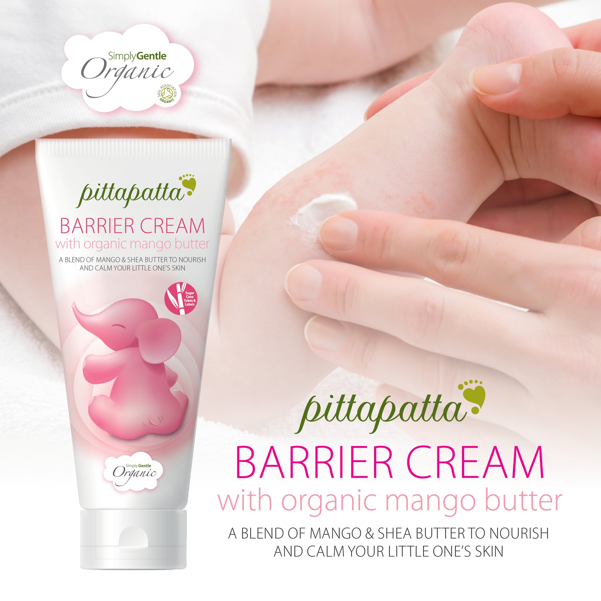 Pittapatta Barrier Cream with organic mango butter, a blend of mango & Shea butter to nourish and calm your little one’s skin. From the Simply Gentle Organic bodycare range