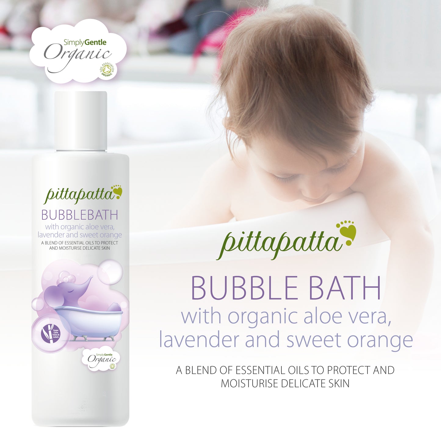 Pittapatta Bubble Bath with organic aloe vera, lavender and sweet orange, a blend of essential oils to protect and moisturise delicate skin.