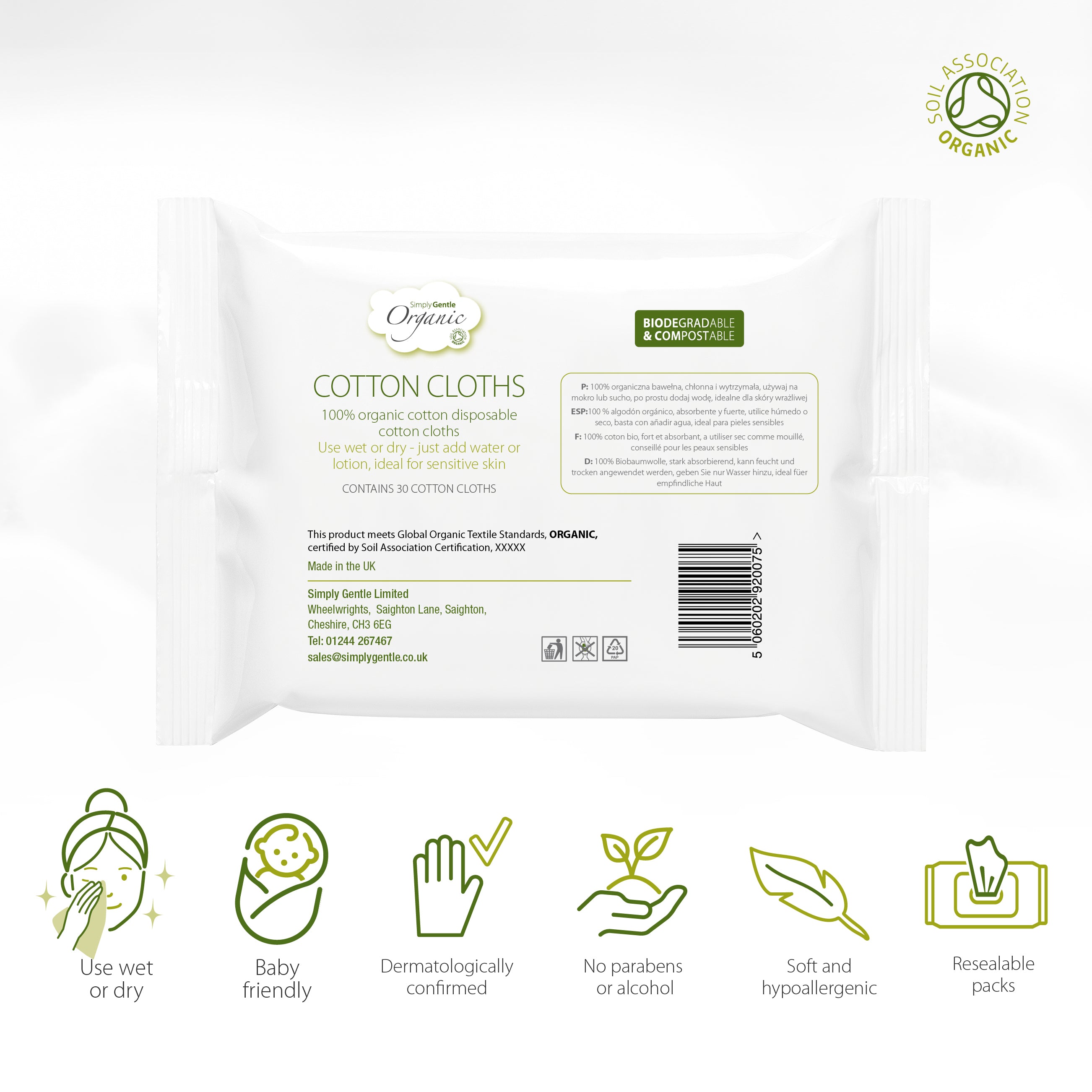 Disposable Organic Cotton Cloths, 100% organic cotton and biodegradable. The absorbant and strong clothes can be used dry or wet. Ideal for sensitive skin, not impregnated - use with your regular cleanser, skin tonic or face wash.1 00% organic cotton wool. Soil Association approved.