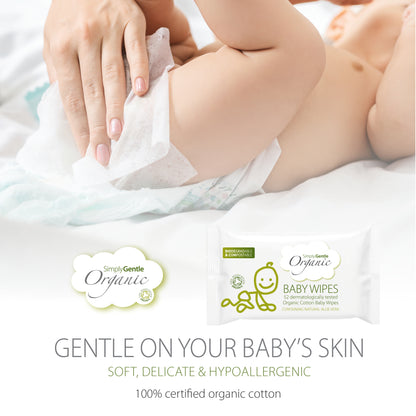 Our Simply Gentle Baby Wipes are made from our soft and gentle cotton, impregnated with an organic lotion, making our wipe truly organic. The lotion is made with a blend of Aloe Vera and Green Tea, giving it a subtle fragrance. 100% certified organic cotton. Soil Association approved.