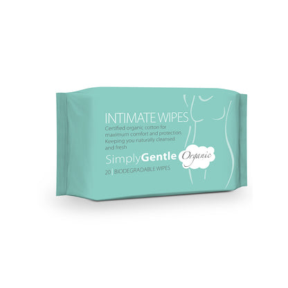 Package of intimate wipes with 'Simply Gentle' branding on a white background