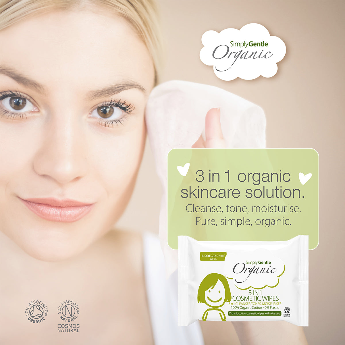 Simply Gentle Organic 3 in 1 Cosmetic Wipes