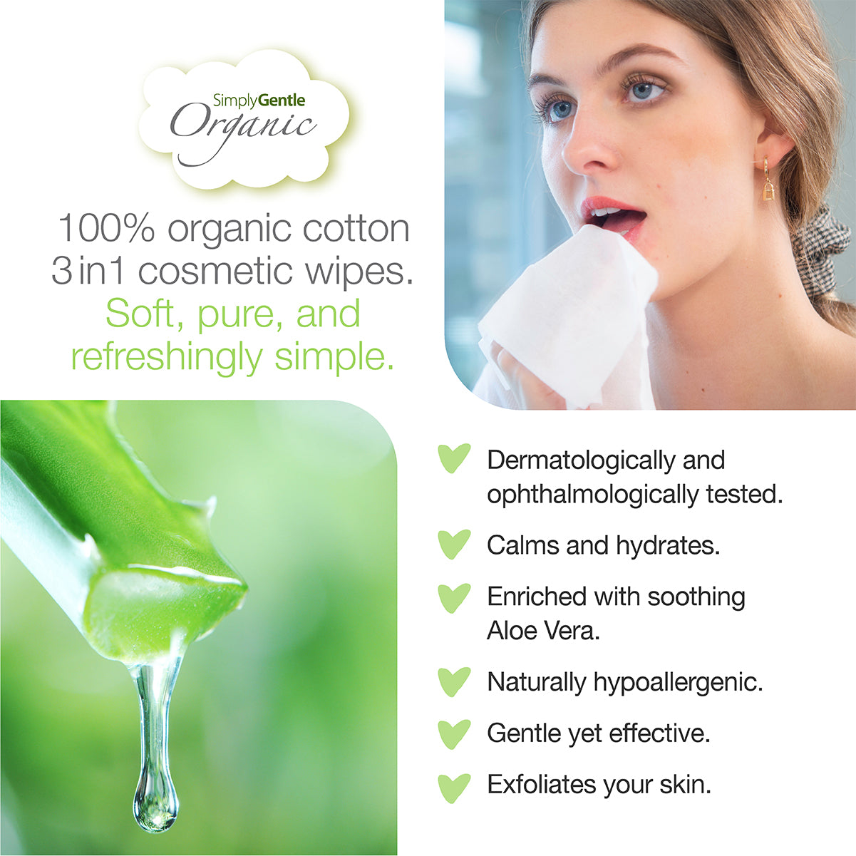 Simply Gentle Organic 3 in 1 Cosmetic Wipes